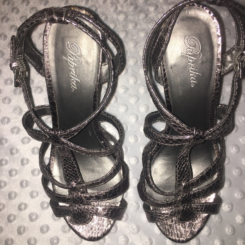 Paprika Open Toe Heels in Metallic Faux Snake